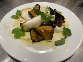 Eggplant, helmet, hummus and mint salad