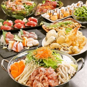 【忘年会/2H飲み放題付】鶏塩ちゃんこ鍋+お造り/肉寿司/串焼き等『忘新年会コース』全10品5000円