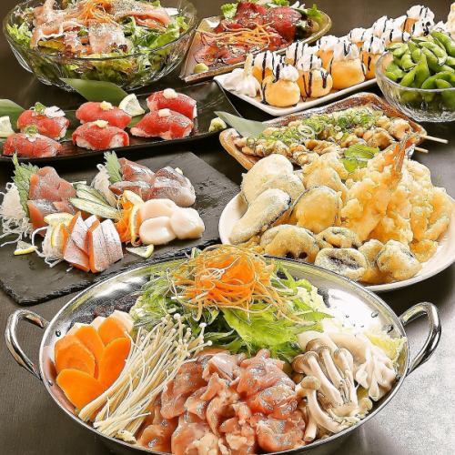 【忘年会/2H飲み放題付】鶏塩ちゃんこ鍋+お造り/肉寿司/串焼き等『忘新年会コース』全10品5000円