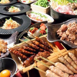 【休闲套餐】包含串烧拼盘、鸡胸肉生鱼片等7种畅饮3小时3,500日元！