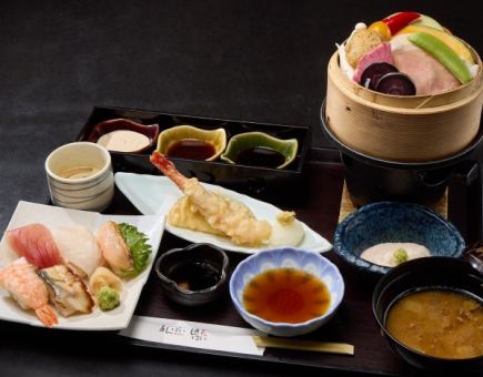 【月~木曜限定★ビールなし3時間飲み放題】神戸牛せいろ、寿司、天麩羅など なごみ御膳(全6品)