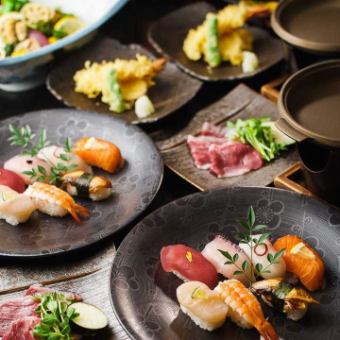 【런치】 고집 스시와 고베규・구로모와규의 도판구이를 맛보는 “스시 회석 런치 코스(특상)”