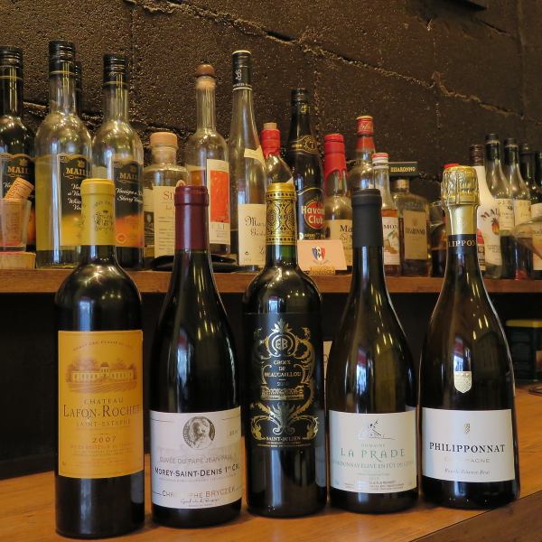 About 35 types of wine are always available, mainly from France.