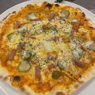 Spam, corn, pickles and arrabbiata sauce pizza