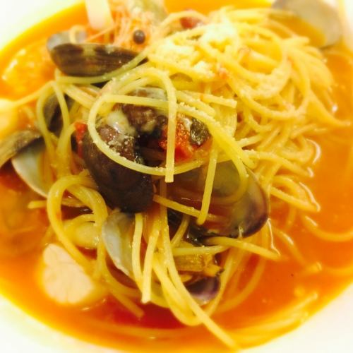 Marinara-style tomato pasta with seafood
