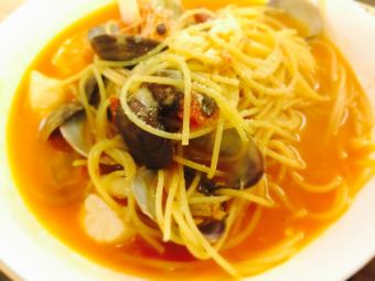 Marinara-style tomato pasta with plenty of seafood