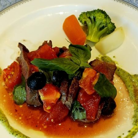 Roasted domestic black beef with checca sauce and pesto