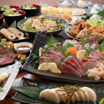 120-minute all-you-can-drink included: [San'in Feast Course (Premium)] A blissful feast featuring the famous white squid, a 7-kind sashimi platter, and carefully selected meat dishes.