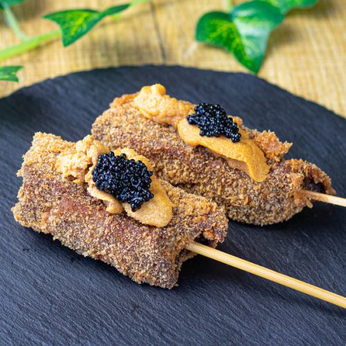 Domestic Wagyu beef skewers with caviar