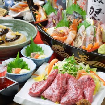 【7～8月】海鮮5種舟盛り,薩摩知覧鶏のたたき,揚げカレイなど全9品6000円コース<90分飲み放題付>