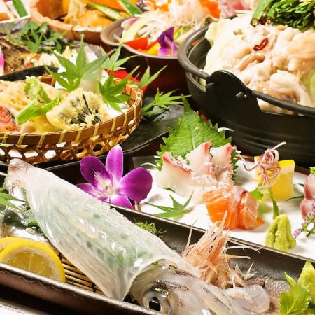 2月～3月◆<个人精选>“特别怀石料理”套餐，包括活鱿鱼、真鲷和牡蛎味噌火锅以及博多和牛[9道菜7,000日元]