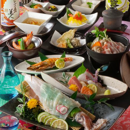 3月◆活魷魚、烤國產豬肉、鰤魚、韭菜涮鍋「楓」套餐【8道菜、2.5小時無限暢飲7,000日圓】