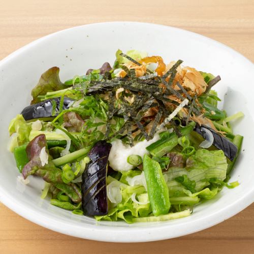 Japanese salad with fried eggplant and grated yam