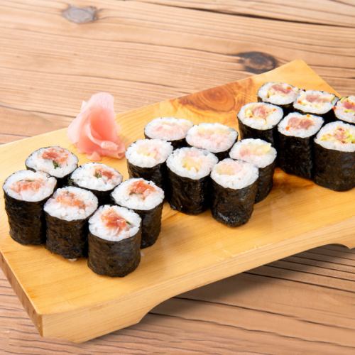 Assortment of three types of rolled sushi