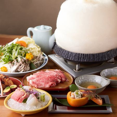 The most popular! Rare and luxurious fish [Nodoguro] grilled with snow salt! <Ishigaki beef sukiyaki> or <Shabu-shabu> 8,800 yen (tax included)