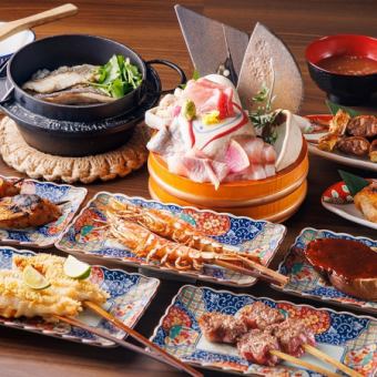 150 minutes all-you-can-drink course with sashimi, meat, fish and vegetables grilled in a primitive style