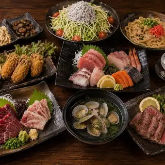 【3時間飲み放題付】『 響』A5黒毛和牛・馬刺し・鮮魚五種 ◎全10品7000円⇒6000円（税込）