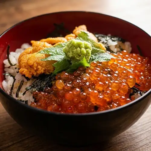 一份奢華的米飯，配上海膽和鮭魚籽。