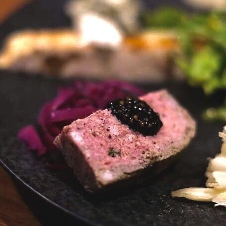 Purple cabbage with cumin flavor and pate de campagne