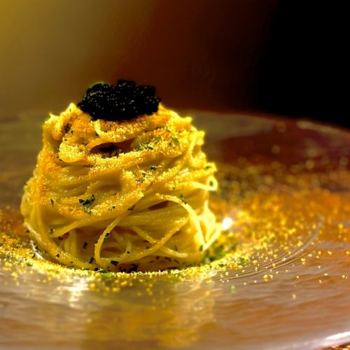Chilled Capellini with bottarga and eggplant sauce and caviar