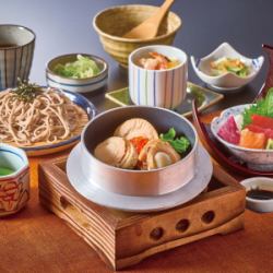 Hokkaido scallop rice pot set meal with chawanmushi (savory egg custard)