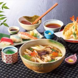 Japanese set of Kishimen sushi with plenty of mushrooms and a thick sauce