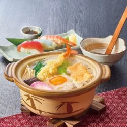 なべ焼うどんと寿司セット