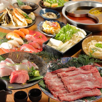 2 hours of all-you-can-drink included! A5 rank Japanese black beef shabu-shabu course! Sashimi, sushi and hot pot to finish off the meal!