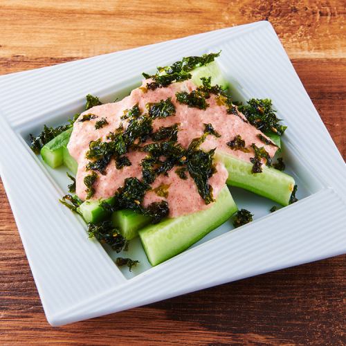 Cucumber topped with tuna mentaiko