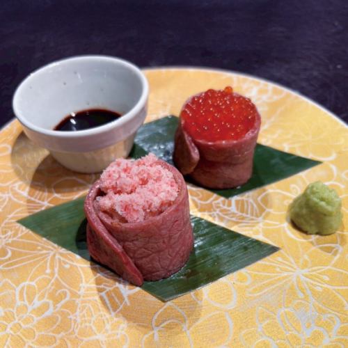 Premium grilled crab and salmon roe sushi