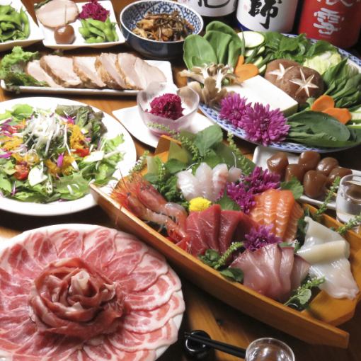 【宴会に人気】日本酒10種2時間半飲放題付き！平牧三元豚と櫛引直送有機野菜しゃぶしゃぶコース