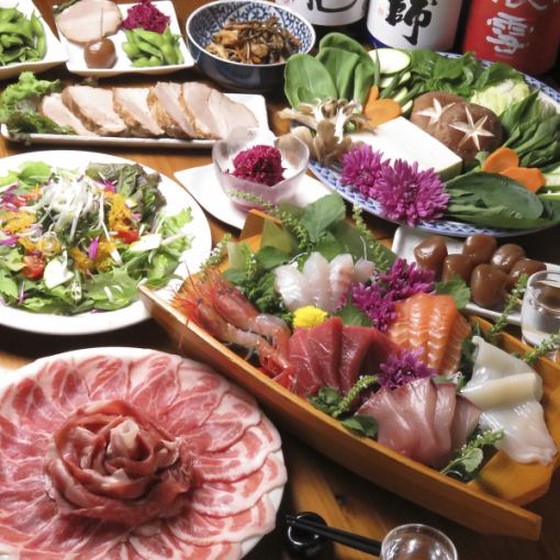 【宴会に人気】日本酒10種2時間半飲放題付き!平牧三元豚と櫛引直送有機野菜しゃぶしゃぶコース