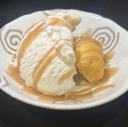 Sweet potato ice cream with caramel sauce