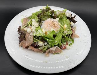 Caesar meli-melo-style salad with soft-boiled egg