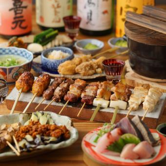 【人气爆棚★附无限畅饮！】鹿儿岛县产生鸡肉、招牌烤鸡肉串、砂锅饭、甜点共8道菜，4500日元