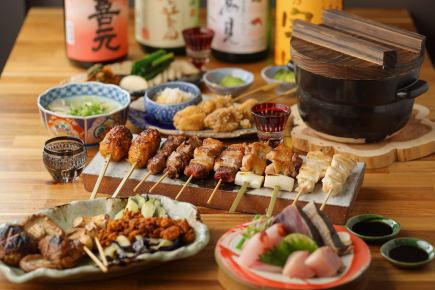 【人气爆棚★附无限畅饮!】鹿儿岛县产生鸡肉、招牌烤鸡肉串、砂锅饭、甜点共8道菜,4500日元