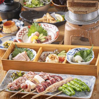 お造り2種・炭火焼5種・とり釜飯など鶏料理を楽しむ全9品◆炭火やきとりコース3300円(税込)