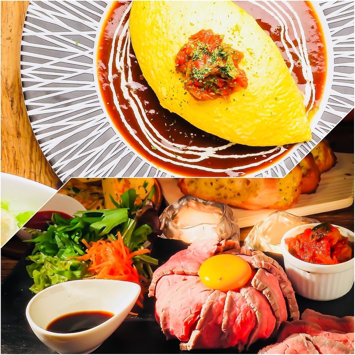 Omurice set with soup, salad, and drink starts at 1,550 yen♪
