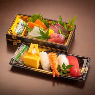 什錦生魚片和 5 個壽司盒飯
