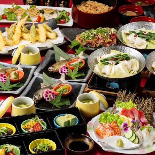 夏宴会【旬のコース】もつ鍋や鮎の塩焼き、刺身や天ぷら、鰻ひつまぶし等《120分飲み放題付》