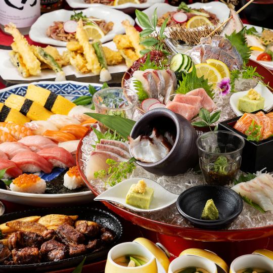 夏宴会【特選/中トロ入り寿司8貫・豪快刺身7種盛コース】中落カルビ等《150分飲み放題付》