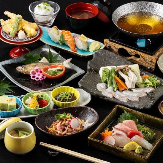 夏宴会【会席】鯛しゃぶ小鍋に中トロ刺身盛、鮎塩焼きや天ぷら、創作寿司等《120分飲み放題付》