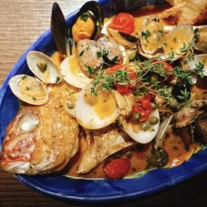 Fisherman's style acqua pazza with red sea bream and seafood