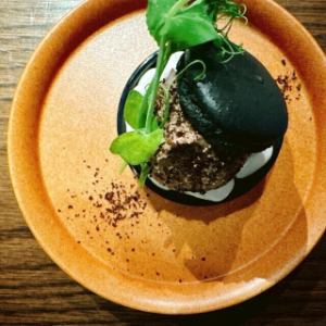 Chicken liver paste and coffee macaroons