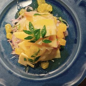 Sakuradai, bamboo shoots and fresh sweet orange buds marinated