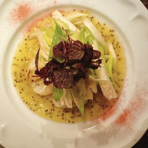 Seared scallops, mountain vegetables and Zespri kiwi carpaccio with homemade cherry blossom salt