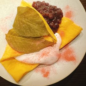 Sakura whipped cream and spring azuki bean crepe, sakura mochi style
