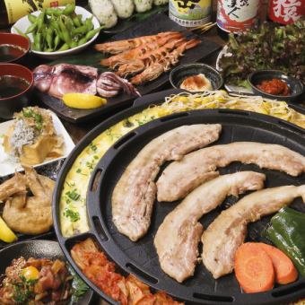 【Egoya特製鐵板雙套餐】薩摩海鮮鐵板與黑豬肉五花肉9道菜+2小時【無限暢飲】⇒5000日元
