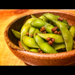 Homemade salty edamame pickled in Japanese pepper