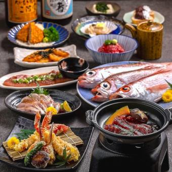 ★個室席確約★【味覚コース】鮮魚5種盛に海鮮陶板焼きや合鴨の炙り 8品10,000円 3時間飲み放題